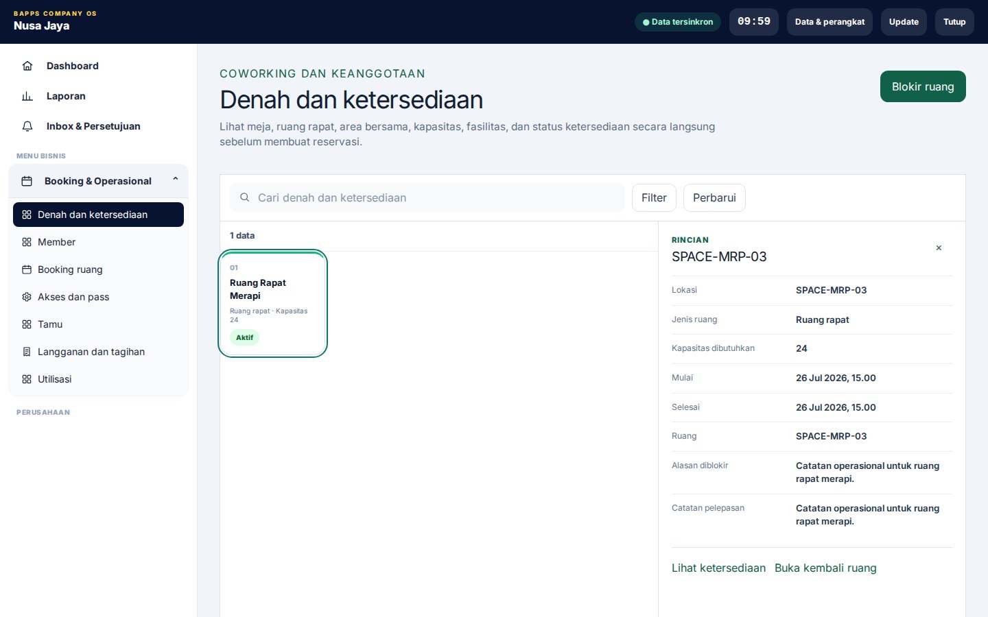 Coworking & Shared Office — Denah dan ketersediaan