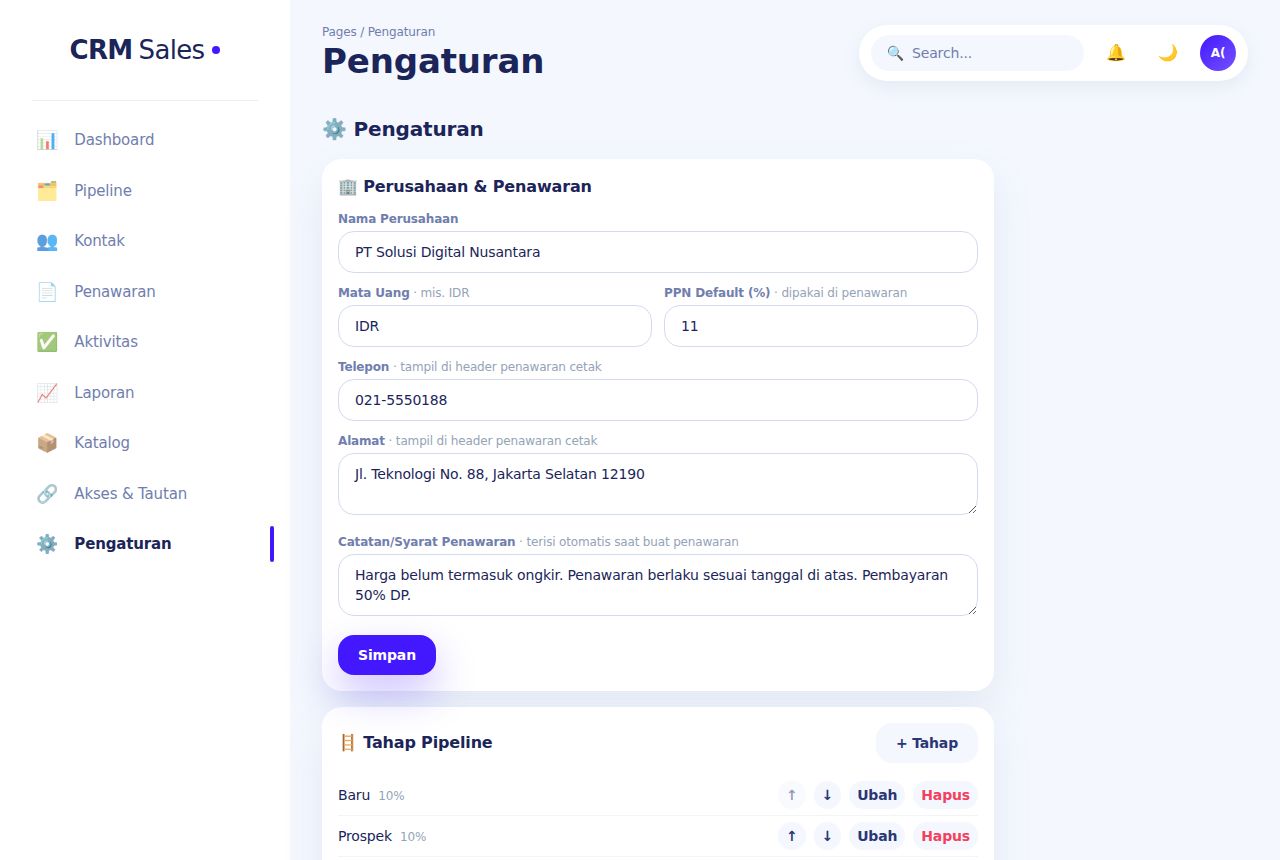 CRM Sales Pipeline — Pengaturan