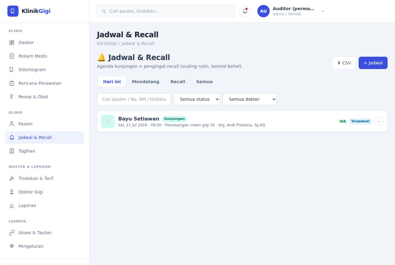 Klinik Gigi — Jadwal & Recall