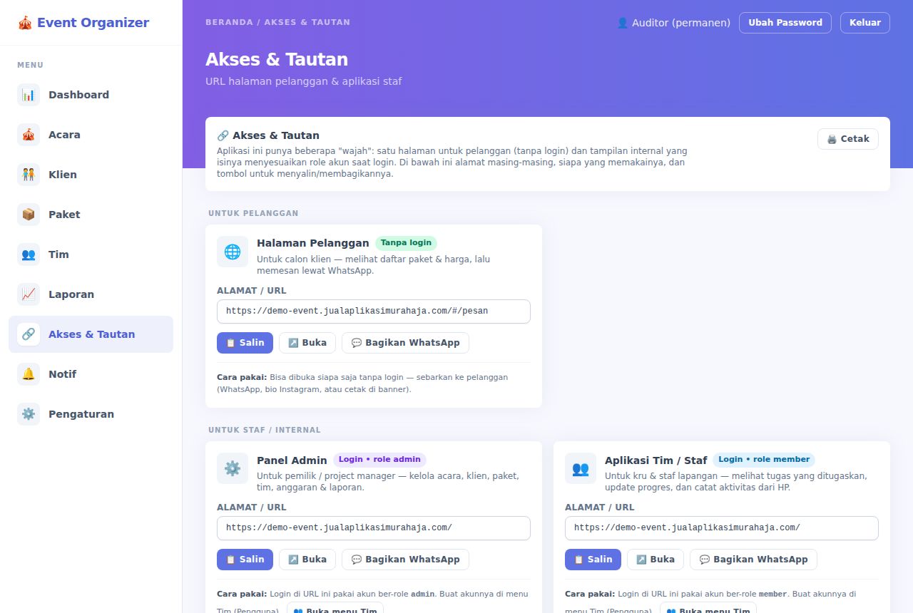 Event Organizer — Akses & Tautan
