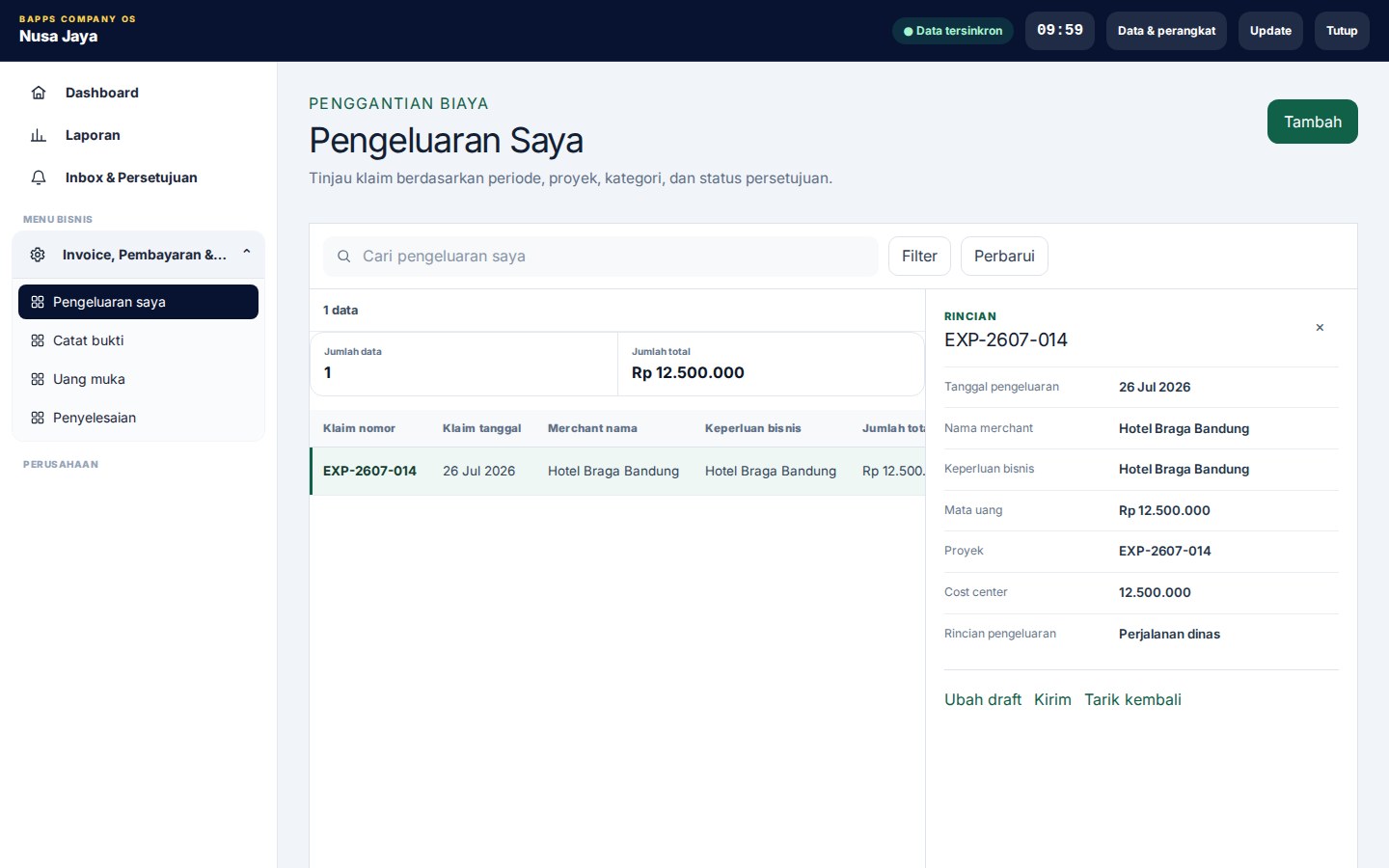 Expense & Reimbursement — tampilan aplikasi