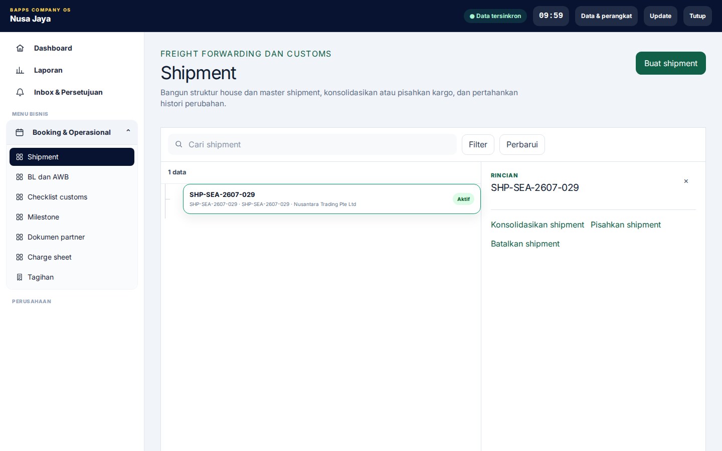 Freight Forwarding & Customs Workspace — Shipment