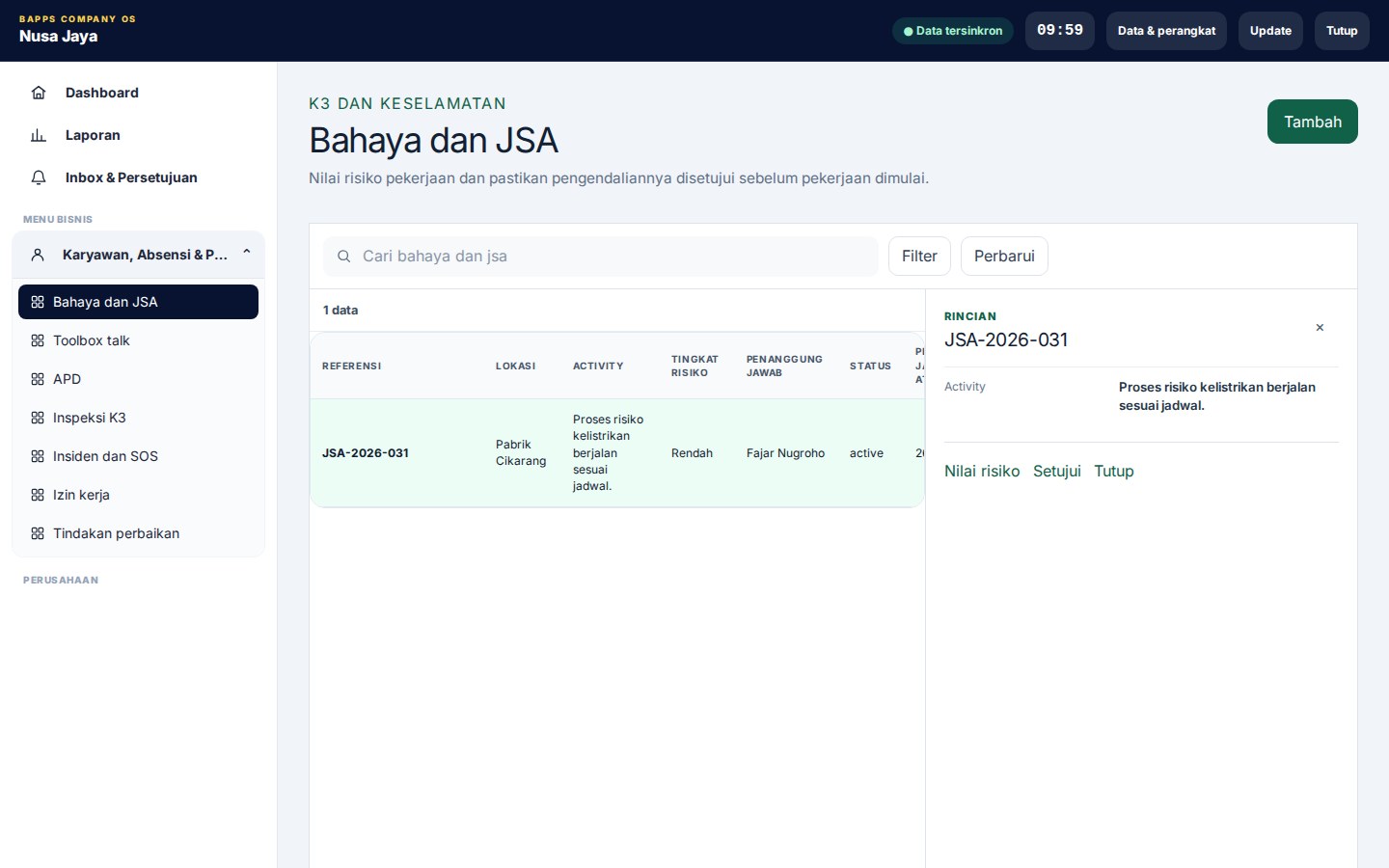 K3 Safety & Incident — Bahaya dan JSA