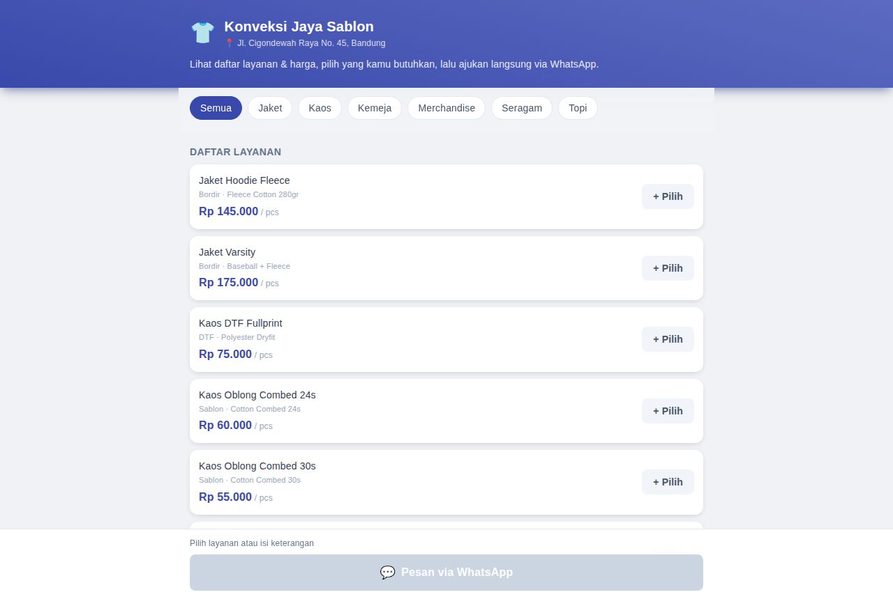 Konveksi & Sablon — Pesan Online (Pelanggan)