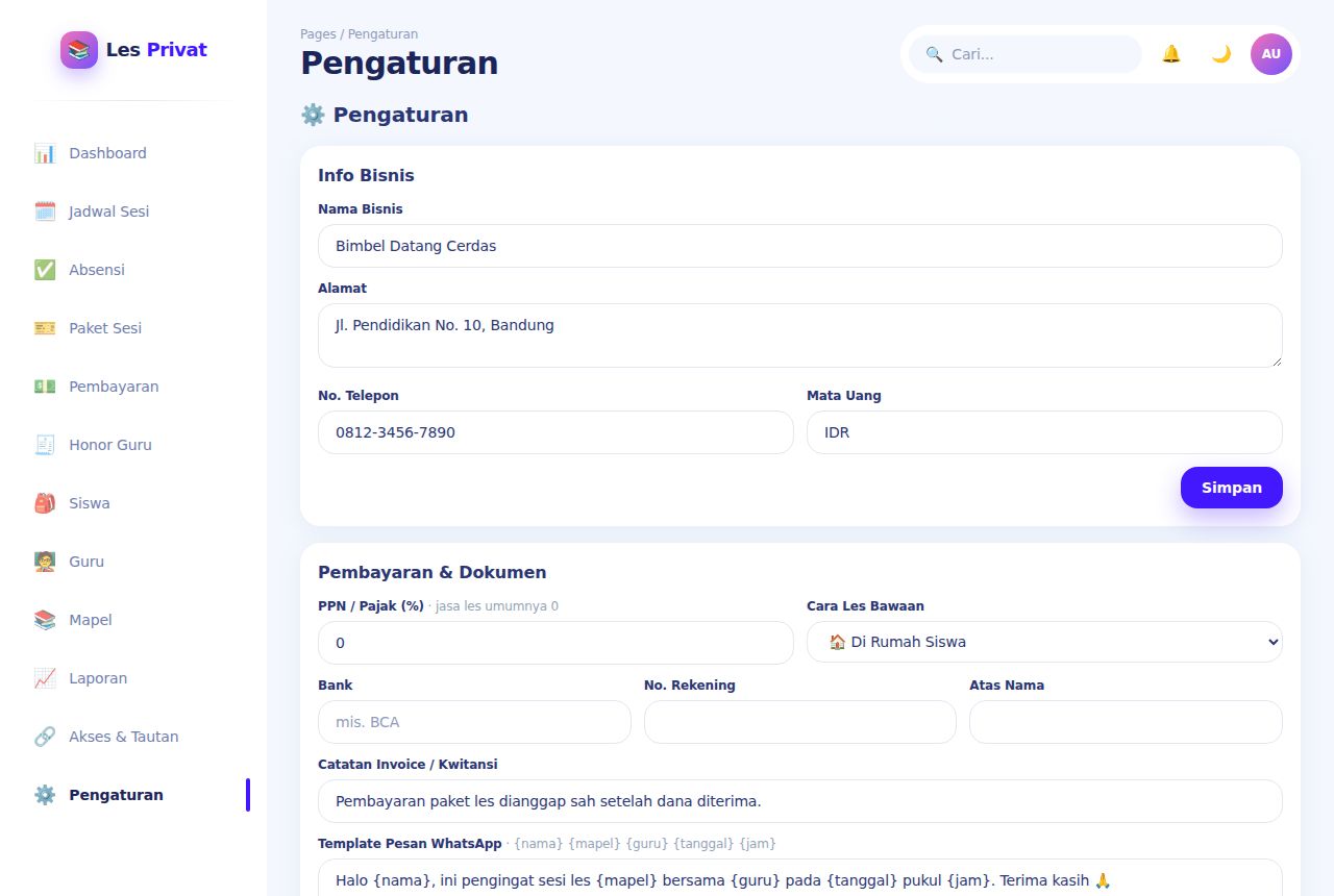 Les Privat / Bimbel Datang — Pengaturan
