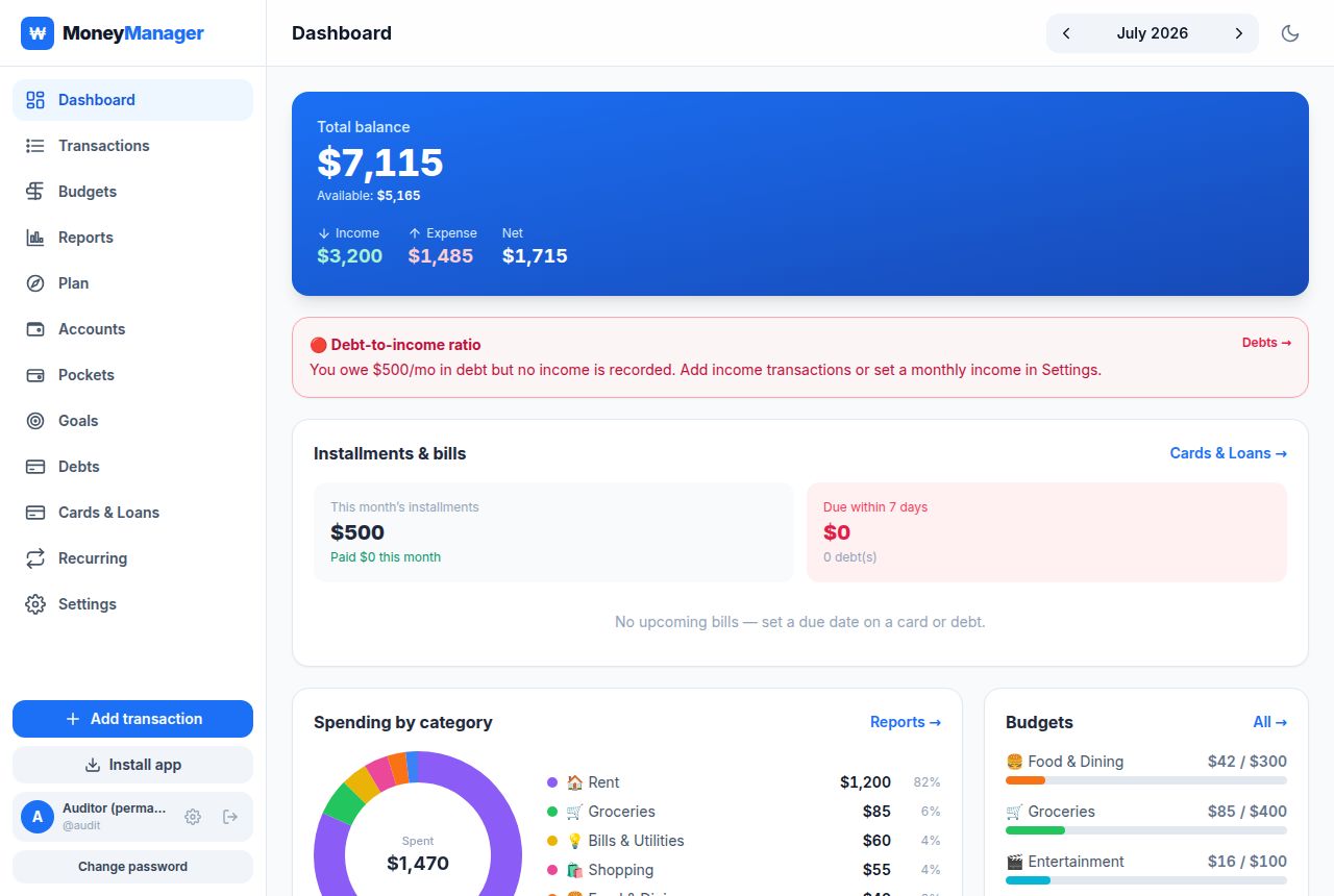 Money Manager — tampilan aplikasi