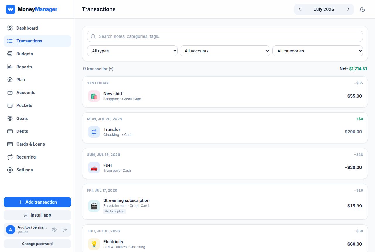 Money Manager — Transactions