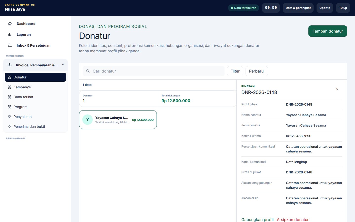 Nonprofit, Donation & Program Management — tampilan aplikasi