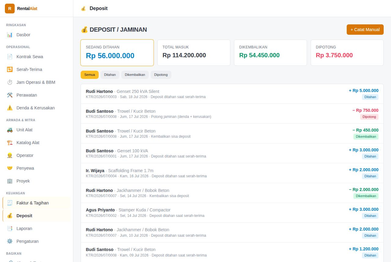 Rental Alat Berat & Scaffolding — Deposit