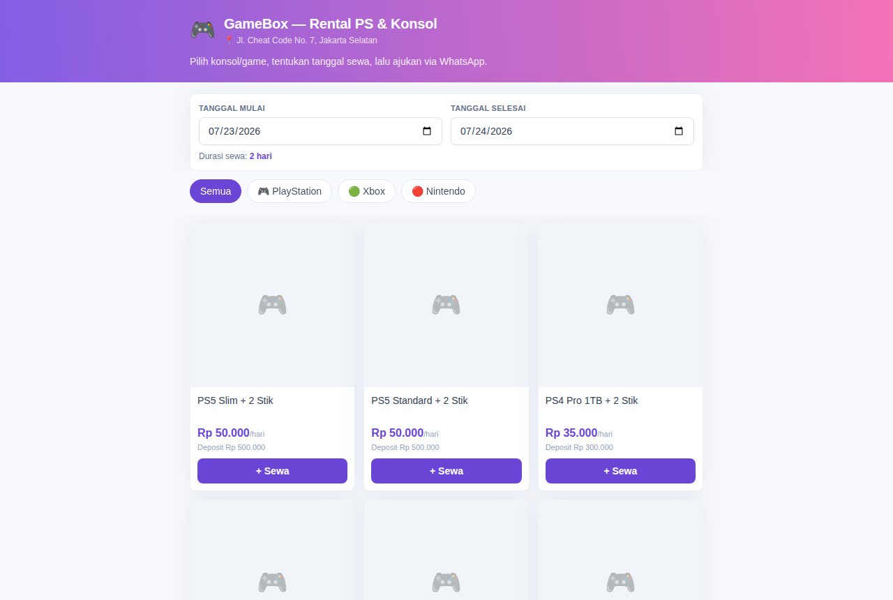 Rental PS & Konsol Game — tampilan aplikasi