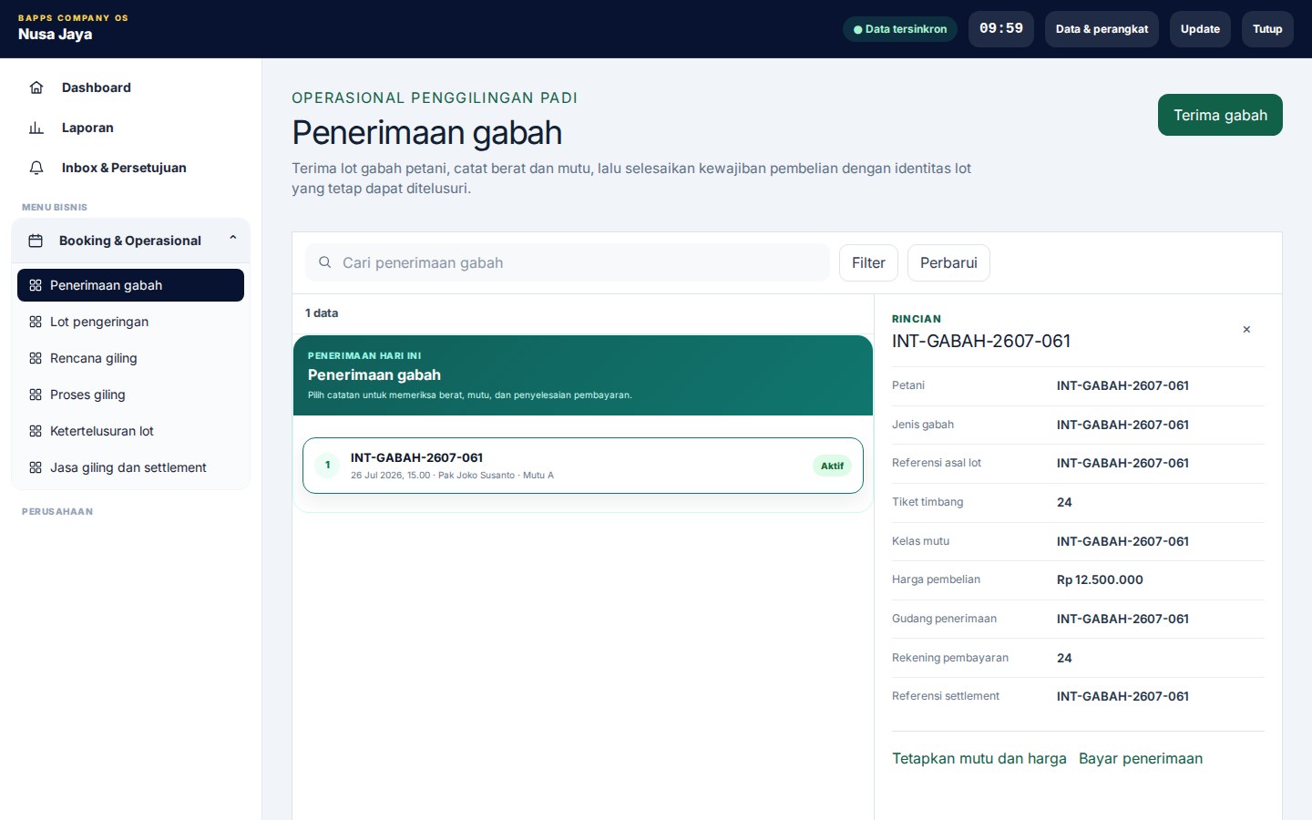 Rice Mill Operations — Penerimaan gabah