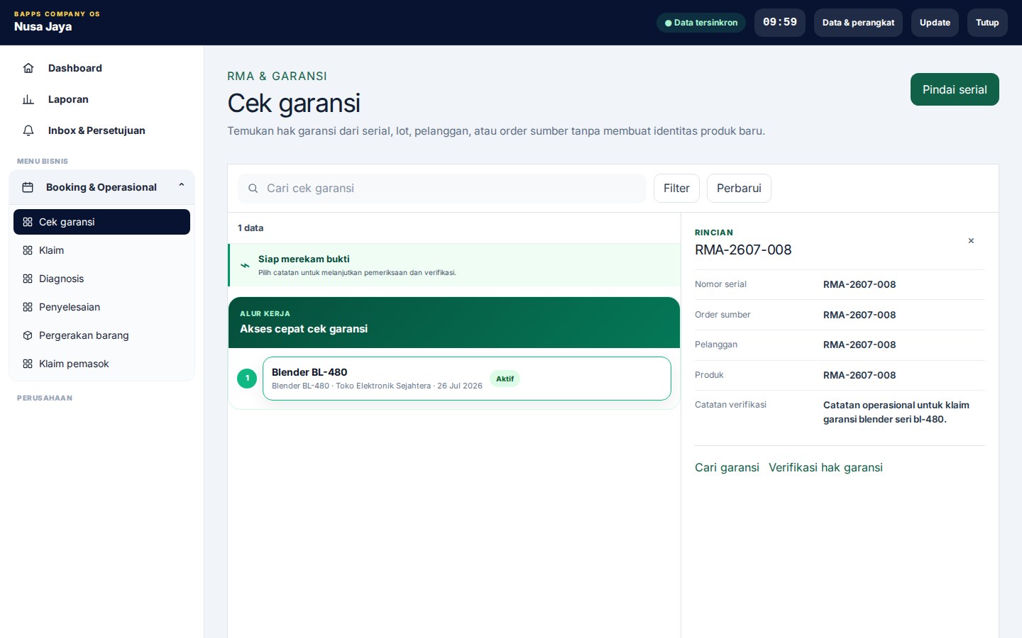 RMA, Warranty & Returns Center — tampilan aplikasi