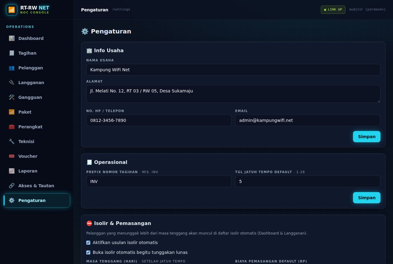 RT-RW Net & WiFi Billing — Pengaturan