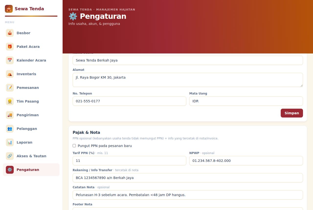 Sewa Tenda & Alat Pesta — Pengaturan