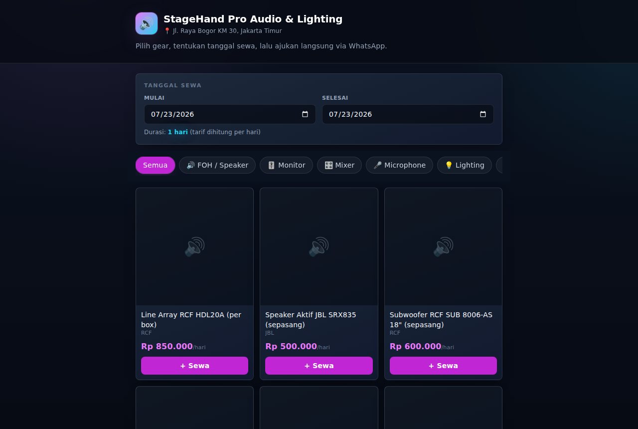 Rental Sound System & Lighting — tampilan aplikasi
