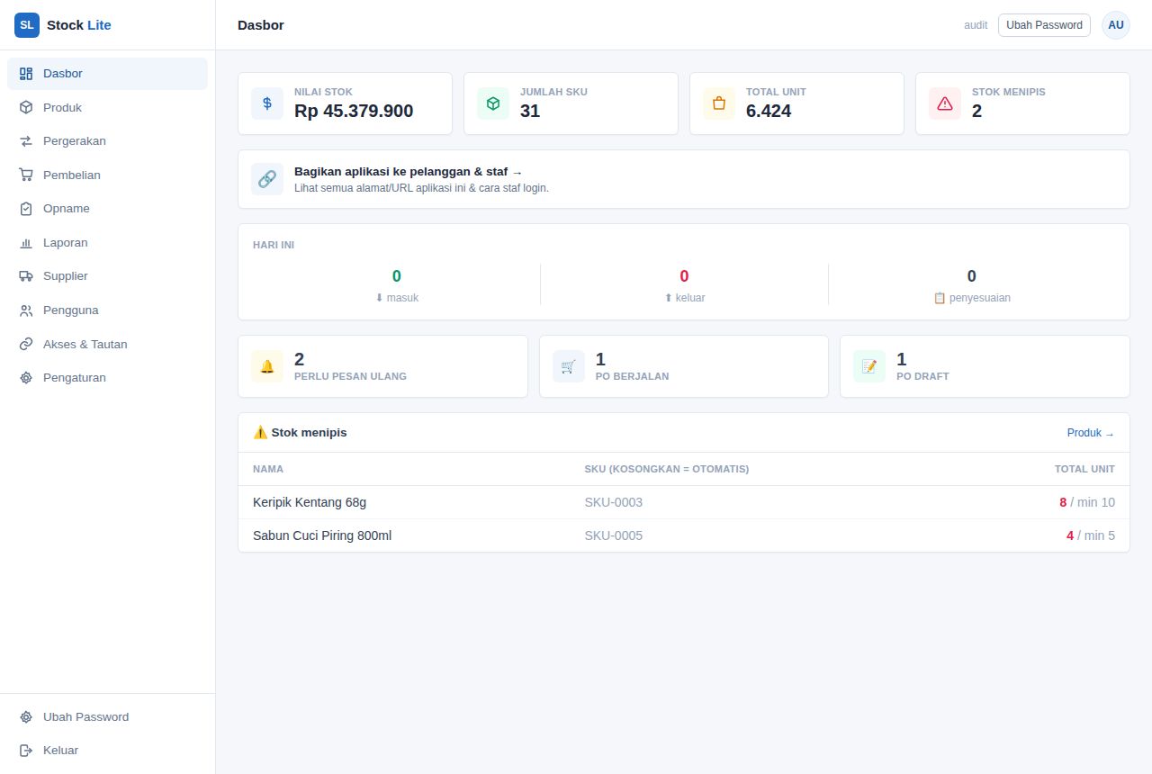 Stock Manager Lite — tampilan aplikasi