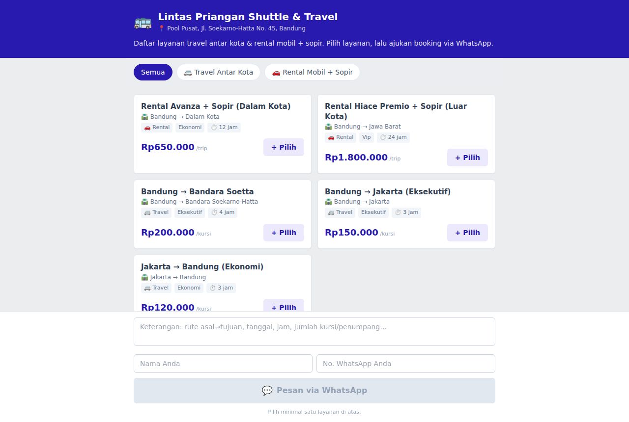 Travel Antar Kota & Rental — tampilan aplikasi