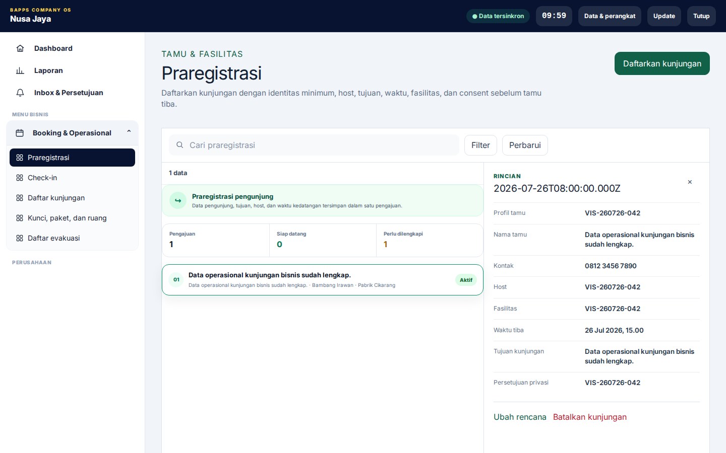 Visitor & Facility Management — Praregistrasi