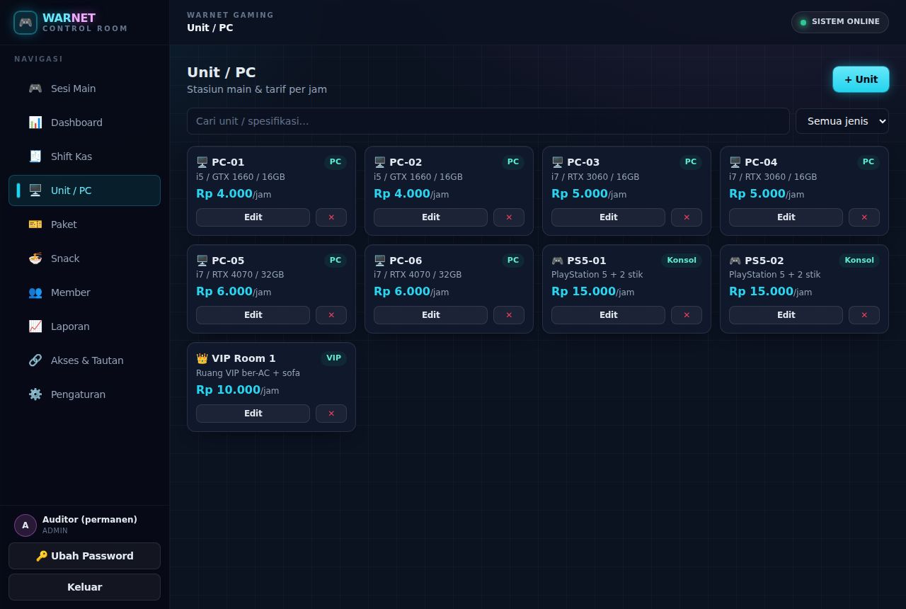 Warnet & Gaming — Unit / PC