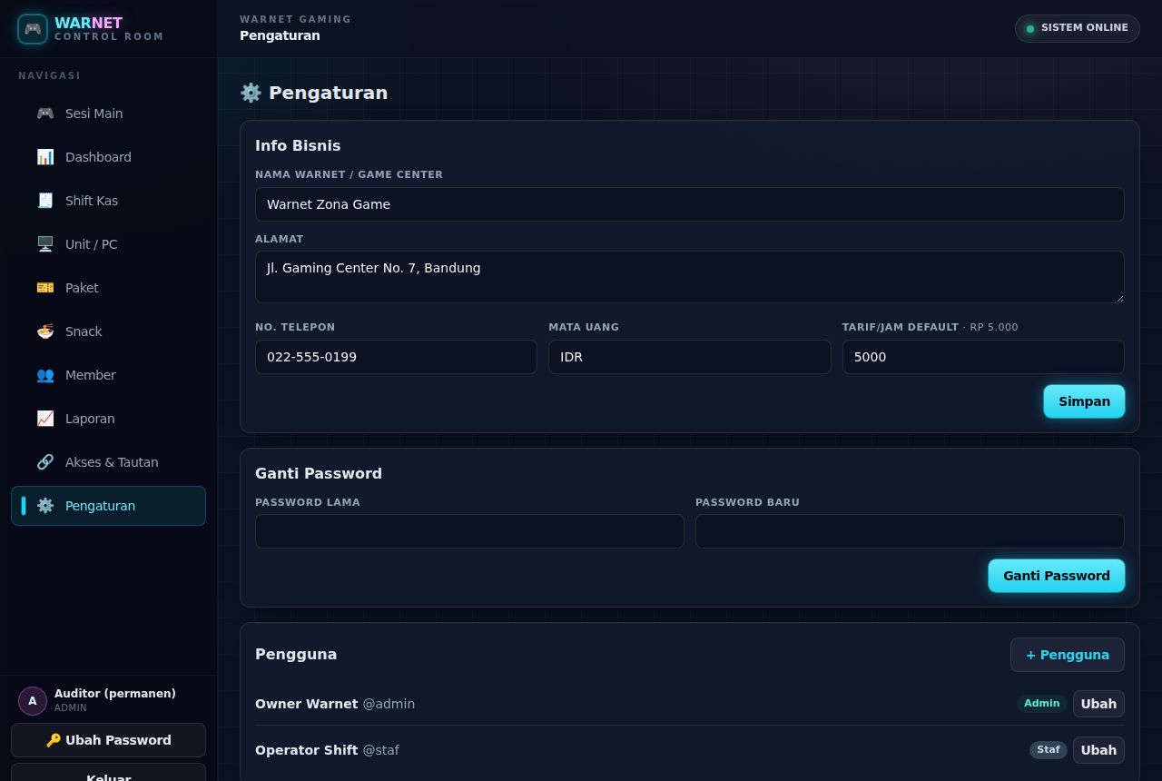 Warnet & Gaming — Pengaturan