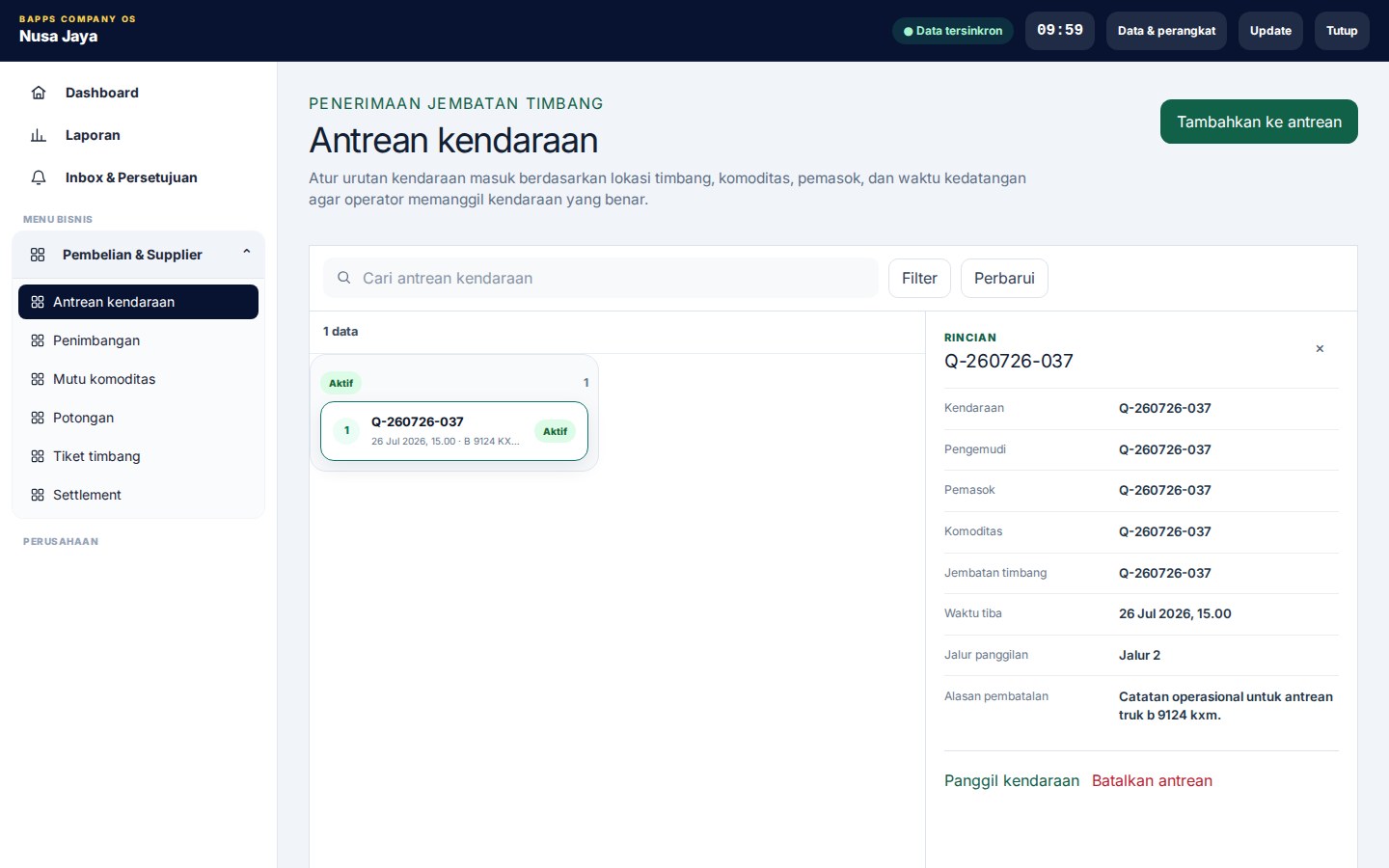 Weighbridge & Commodity Intake — tampilan aplikasi